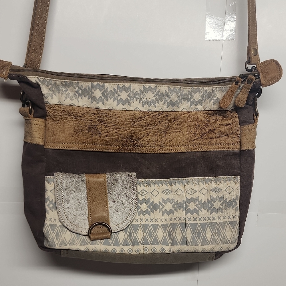 Myra Bag distressed brown cream& gray patterned crossbody saddlebag. UNISEX WOW